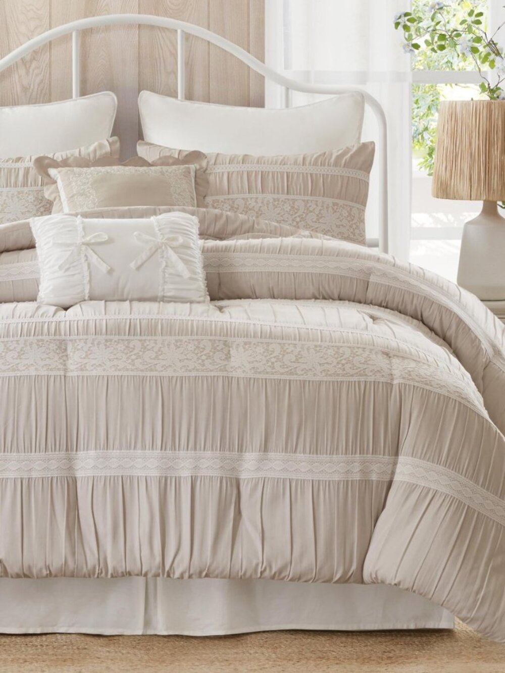 5-Piece Farmhouse Comforter Set with Ruching & Lace Trim, Soft Chambray Bedding